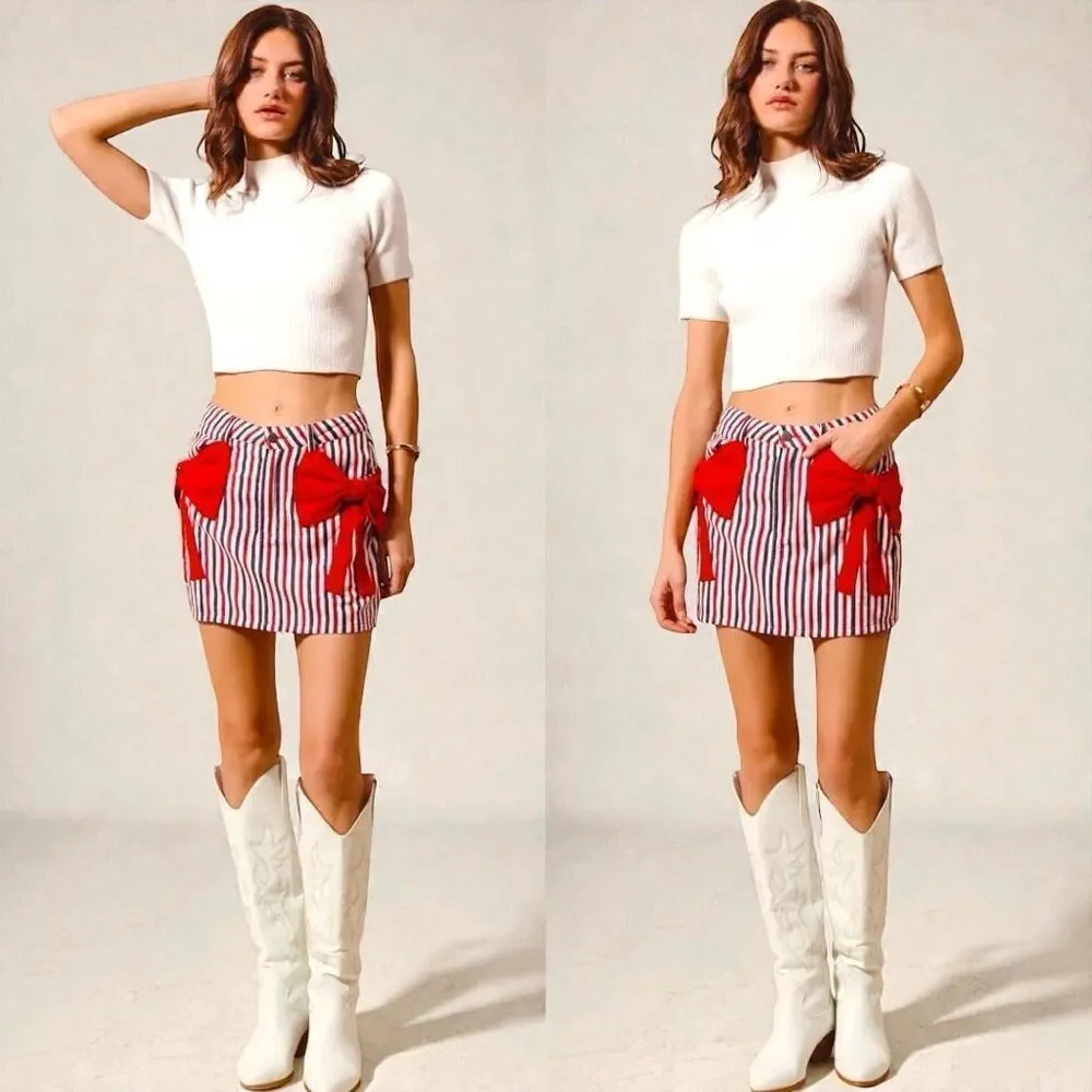 Denim Mini Skirt Patriotic Flag USA Red White Blue Striped Bow Pocket XL SO ME - Picture 6 of 13